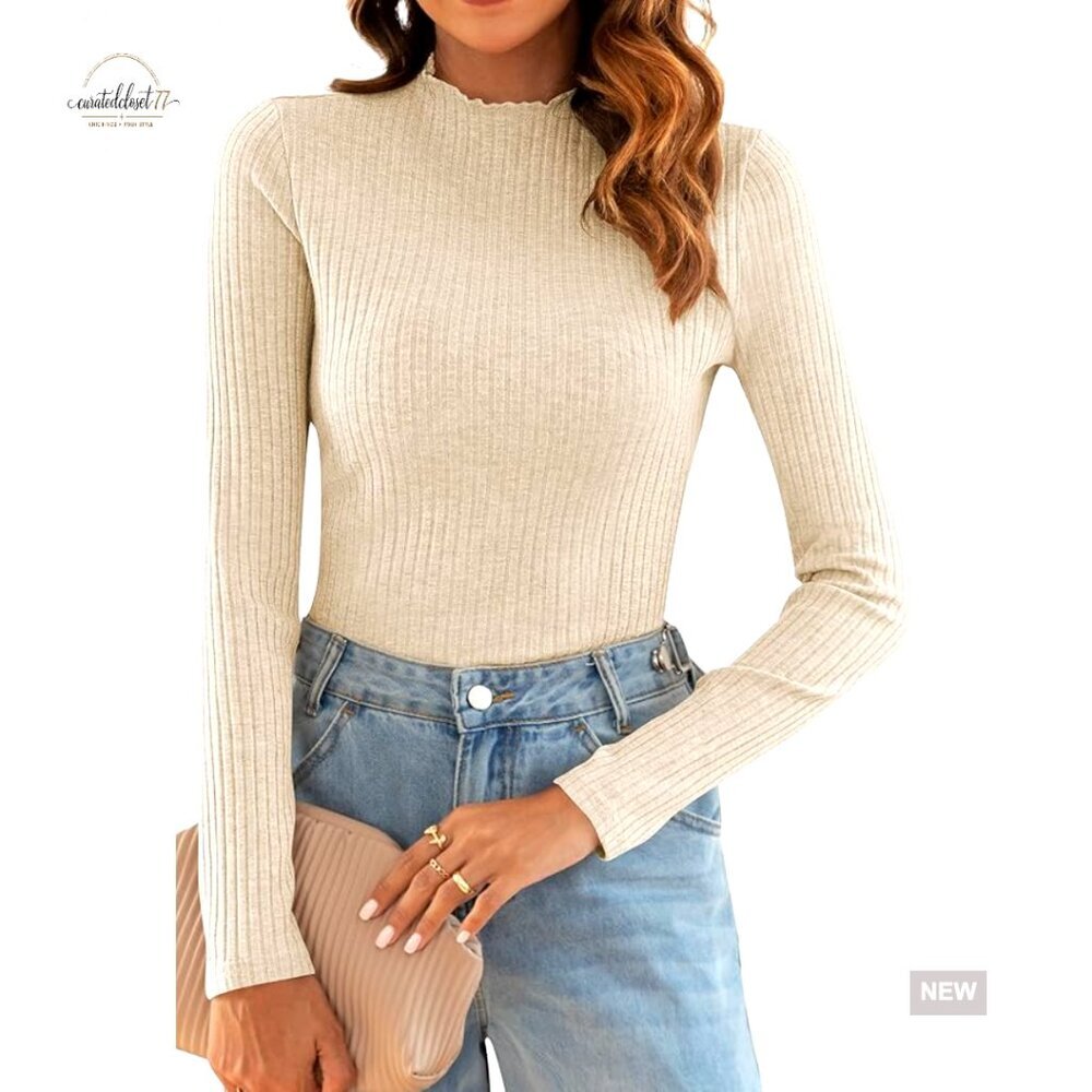 Slim Fit Ribbed Turtleneck Sweater Long Sleeve Pullover Lightweight Basic Top